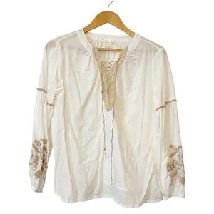 Caslon White Cotton Embroidered Boho Long Sleeve‎ Top Size Medium Petite